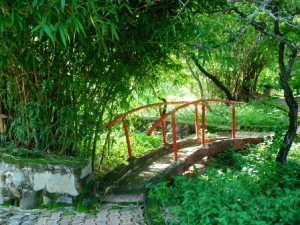 Red Bamboo Bridge on Temple Grounds